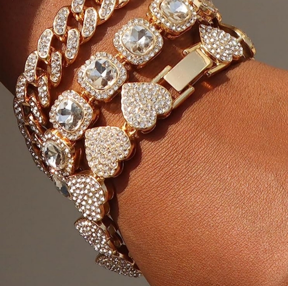 Pave Iced CZ Crystal Gold Heart Links Bracelet Rhinestone Hearts Unisex Mens New - Picture 7 of 9